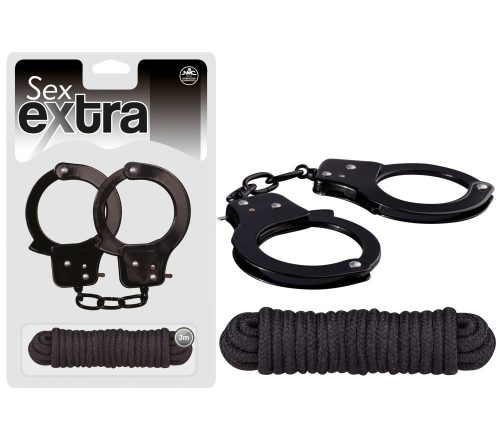 SEX EXTRA - Metal Cuffs & Love Rope Black – Fekete fém bilincs és kötél