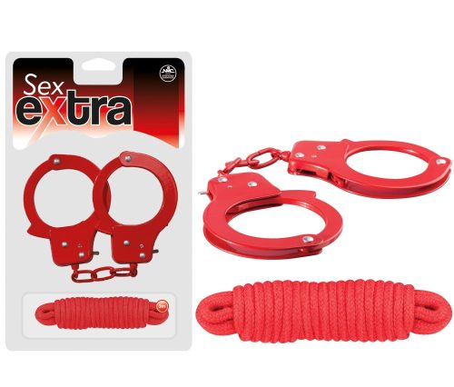 SEX EXTRA - Metal Cuffs & Love Rope Red – Piros fém bilincs és kötél