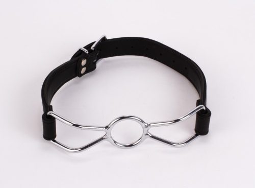 Prémium bőr BDSM szájpecek acél szájrúddal – fekete