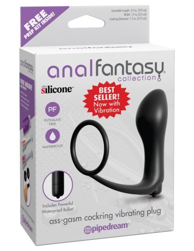 Ass-Gasm Cockring Vibrating Plug Black – fekete, vibrációs péniszgyűrű és anál dugó kombináció